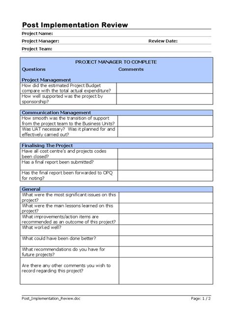post project review template excel